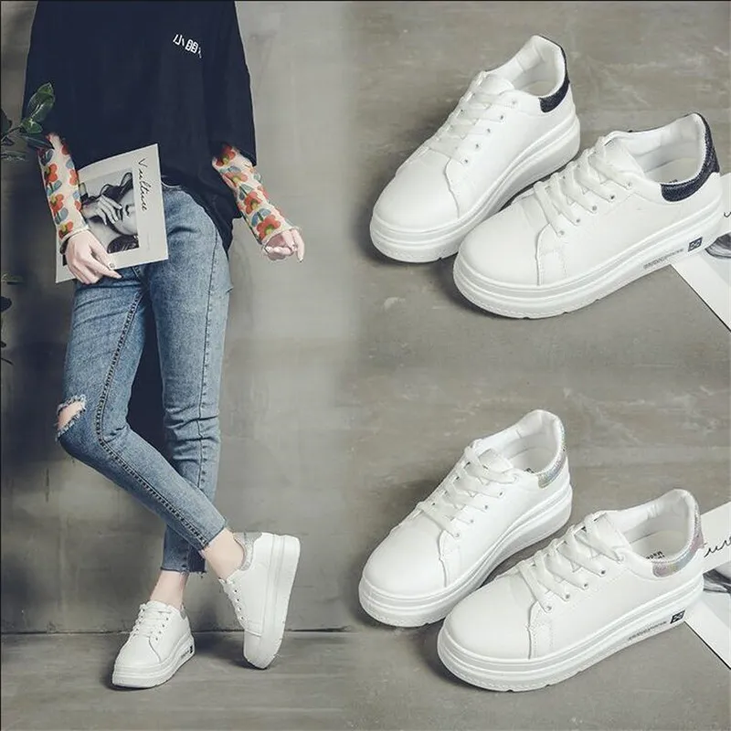 

Women Sneakers 2019 Fashion Breathble Vulcanized Shoes Women leather Platform Shoes Women Lace up Casual Shoes White L583