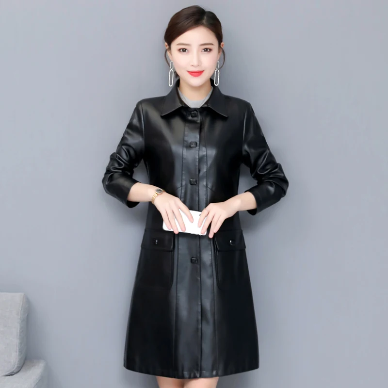 Женский Длинный тренчкот из искусственной кожи с отложным воротником Осень зима