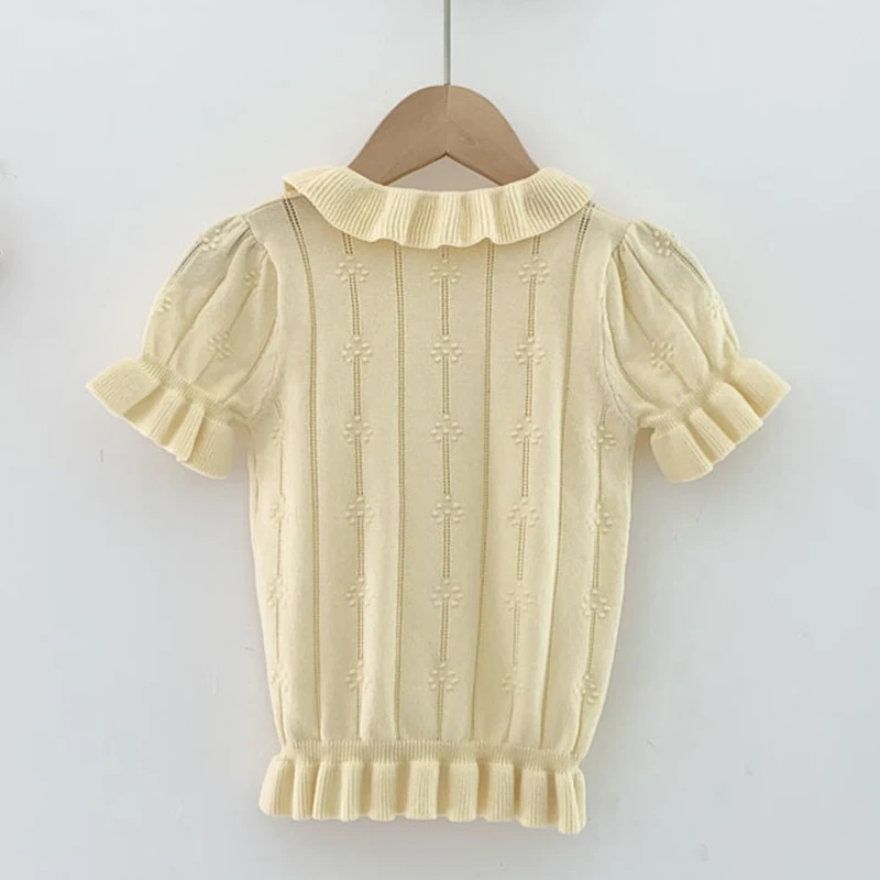 

Kids Knitting Sweaters Summer Baby Solid Pullover Tops Hollow Out Short Sleeve Lotus Leaf Collar Baby Girls Pullover Sweaters