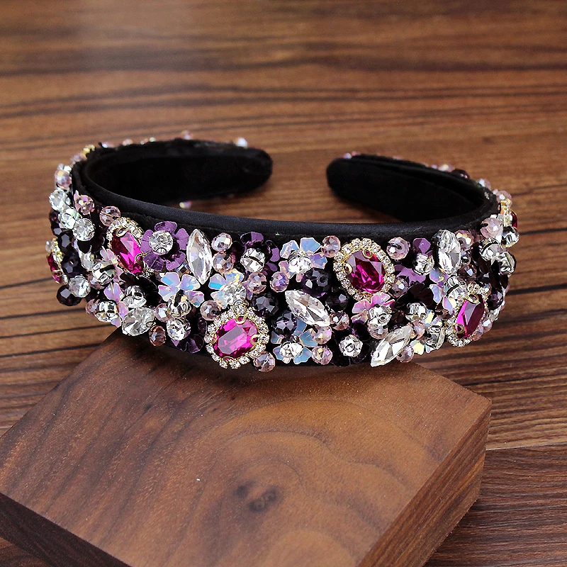 

Handmade Full Fuchsia Crystal Beads Bridal Headband Diamante Hairband Fashion Rhinestone Hair Accessories For Women Headpiece