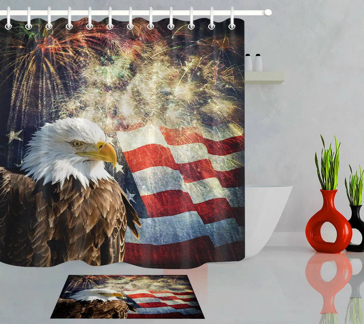 

Bald Eagle Independence Day Fireworks Shower Curtain Bathroom Polyester Fabric