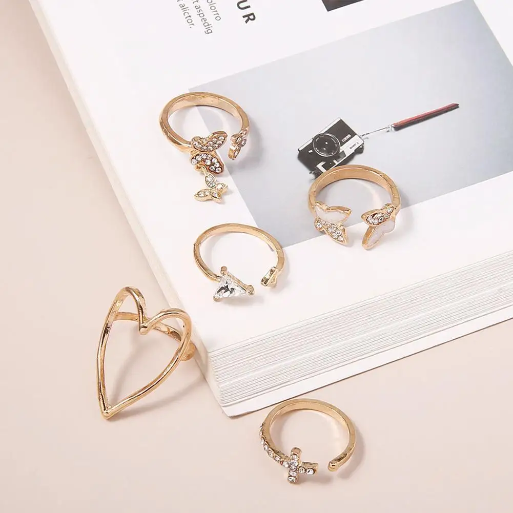 5pcs/set Of Cross Triangle Love Heart Hollow Crystal Drip Oil Butterfly Ring Joint Punk Gothic Rings For Women Jewelry | Украшения и