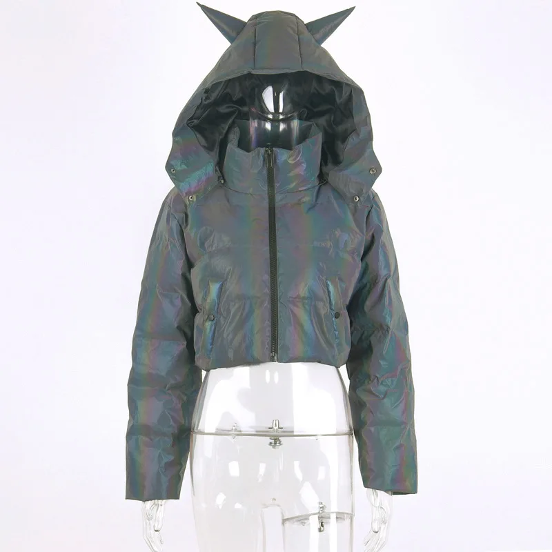 

Winter Reflective Women Parkas Fashion Ears Hooded Sporty Padded Coat Gothic Casual Short Women Cotton Jacket Slim Lady Wadded