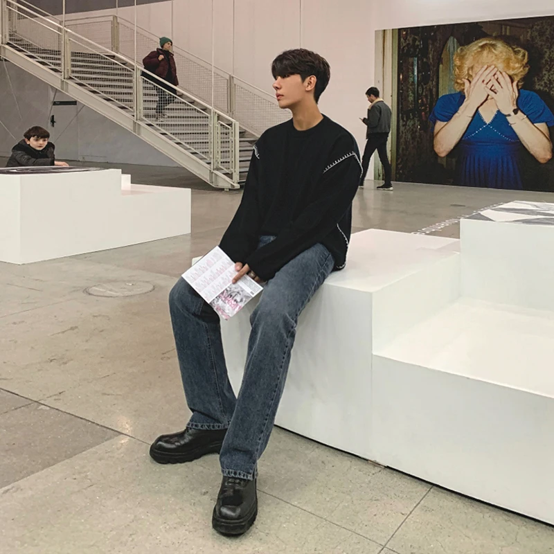 Джинсы IEFB мужские прямые свободного кроя Модные Винтажные брюки из денима в