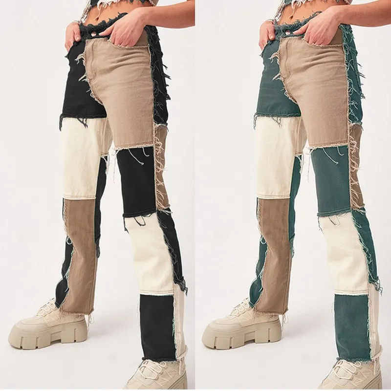 

New Hot Sexy Hip hop Autumn Blue/Pink patchwork Jeans women High waist Slim straight Jeans Lnternet Ladies Trousers Female Denim