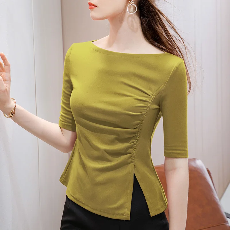 

Mid sleeve T-shirt women's new autumn 2020 women's 5-sleeve t-shirt design with split and folded waist