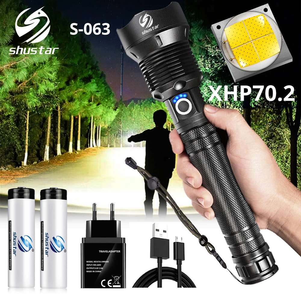 Мощный светодиодный фонарик с XHP 70,2, лампа с бусинами, масштабируемый, 3 режима освещения, светодиодный фонарь, поддержка для Mircro зарядки, Охотничья лампа