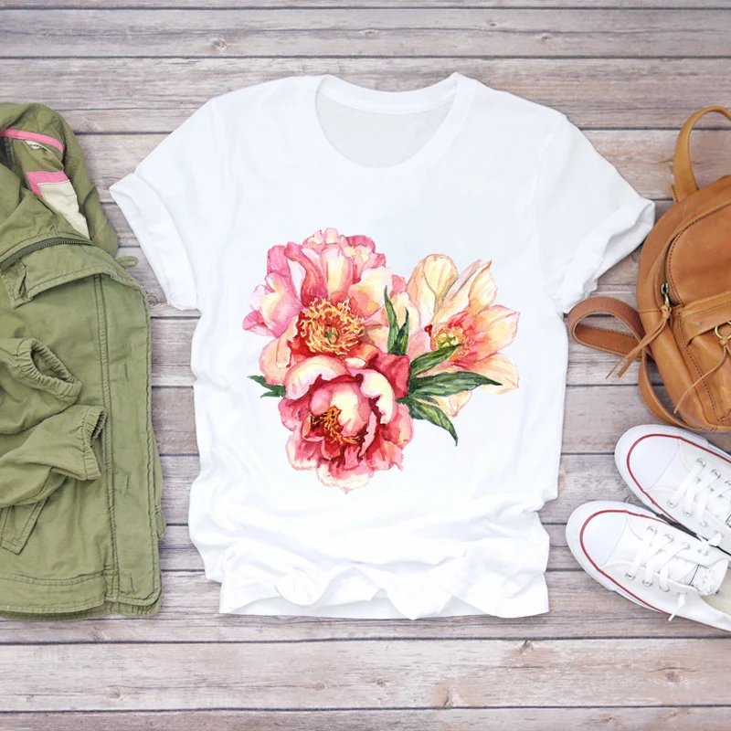 

2021 new hot Fashion Women Flower Lady T-shirts Top T Graphic Female Ladies Womens Tee T-Shirt for Summer