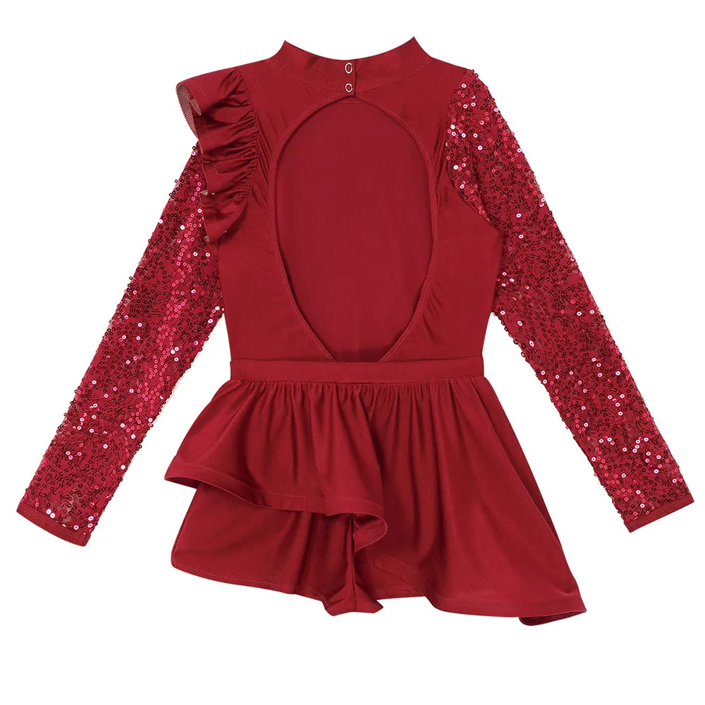 Женское кружевное балетное платье с блестками длинными рукавами и открытой