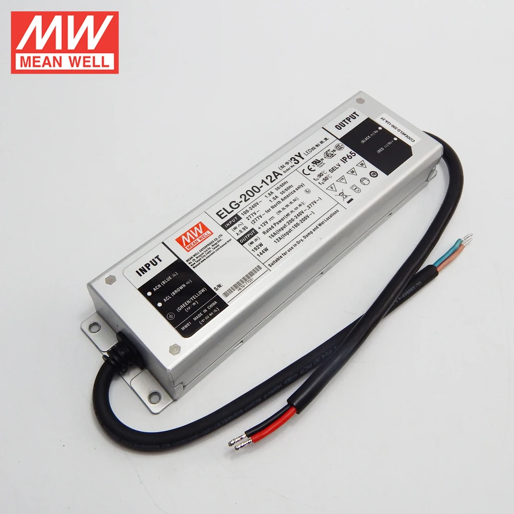 Бренд MEAN WELL представляет ELG-200-12A-3Y 192W 16A 12V регулируемый светодиодный Питание 110 V/220 V переменного тока в постоянный, работающего на постоянном токе 12 В в 16A водонепроницаемый IP65 meanwell led привод