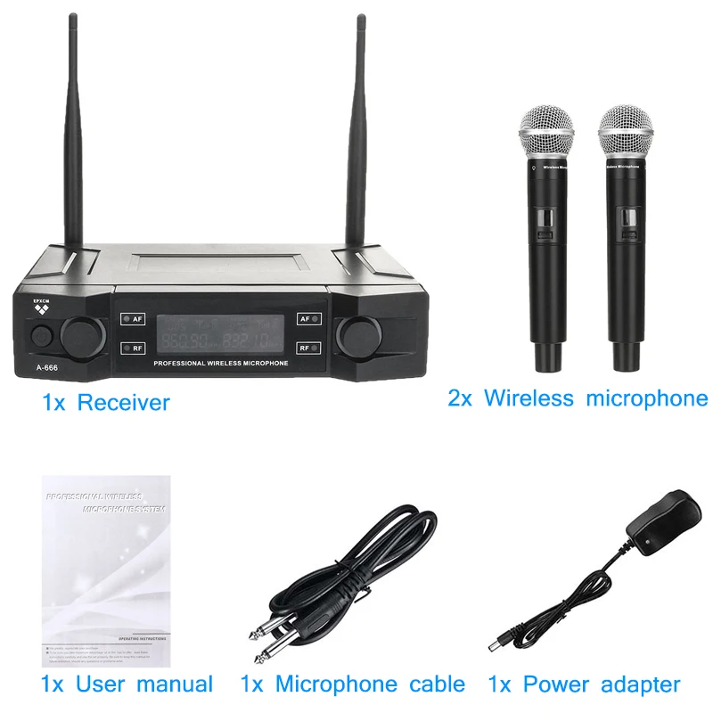 

2 Channel UHF Wireless Microphone System 2 Cordless Handheld Mic Kraoke Speech Party supplies Cardioid Microphone Professional