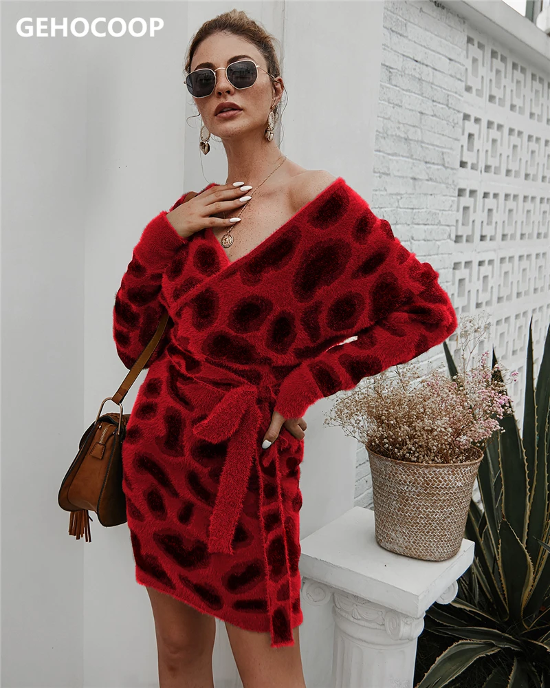 

Women's Dress Ladies Long Sleeves Sexy V-neck Elegant Leopard Knit Warm Dresses for Autumn Winter Female Clothes Women Fashion
