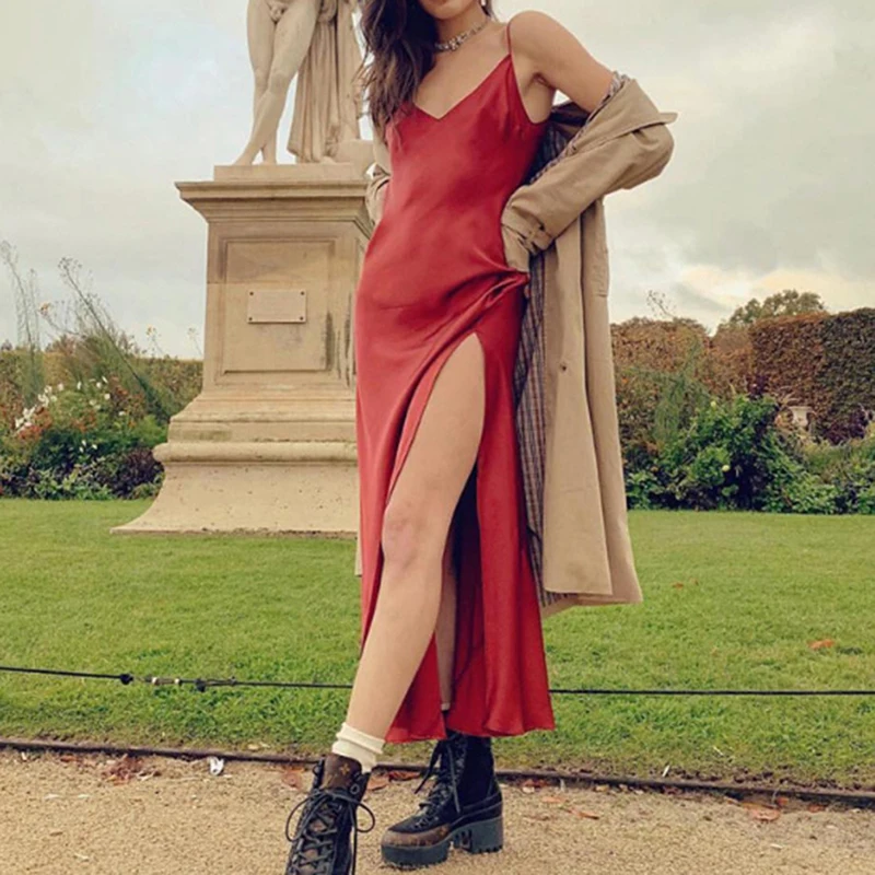 Сексуальное атласное платье макси летнее женское с разрезом v образным вырезом