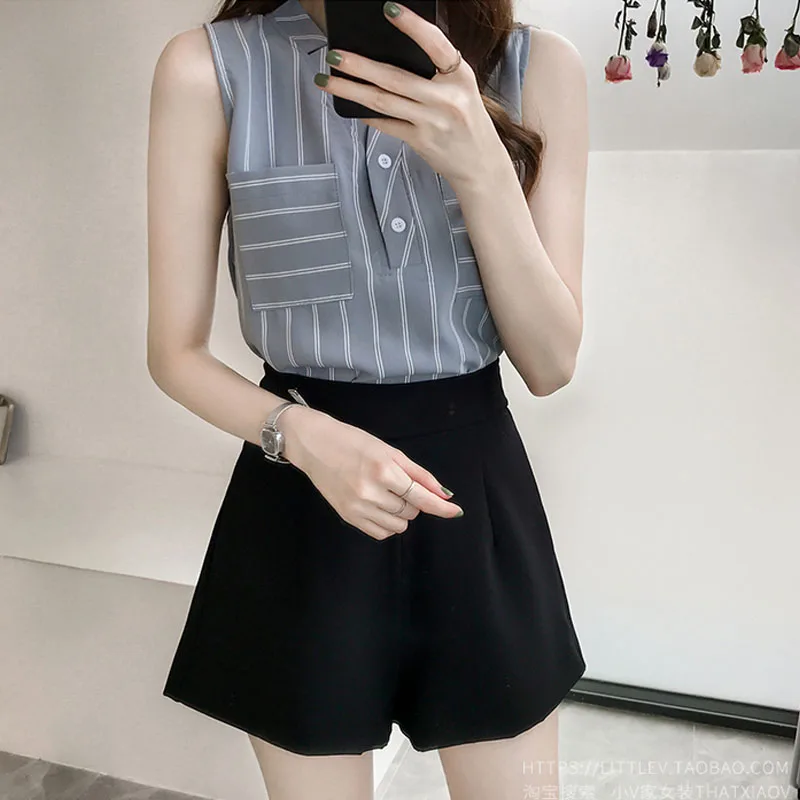 Женская шифоновая блузка без рукавов летний топ свободного покроя в полоску 3705 50