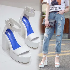 Туфли-лодочки женские из искусственной кожи, на высоком каблуке и платформе, с круглым носком, с пряжкой на щиколотке, 2021