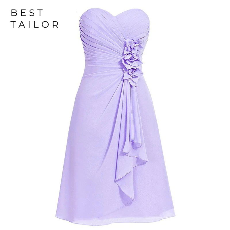 

Bridesmaid Dresses Short Maid of Honor Gowns Sweetheart 3D Flowers Lilac Chiffon 2021 Drape Above Knee Length Wedding Party Wear