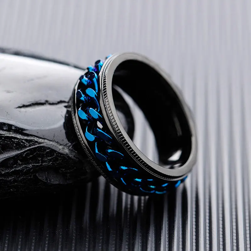 Гламурные мужские кольца из черной нержавеющей стали с синей цепочкой дорожные в