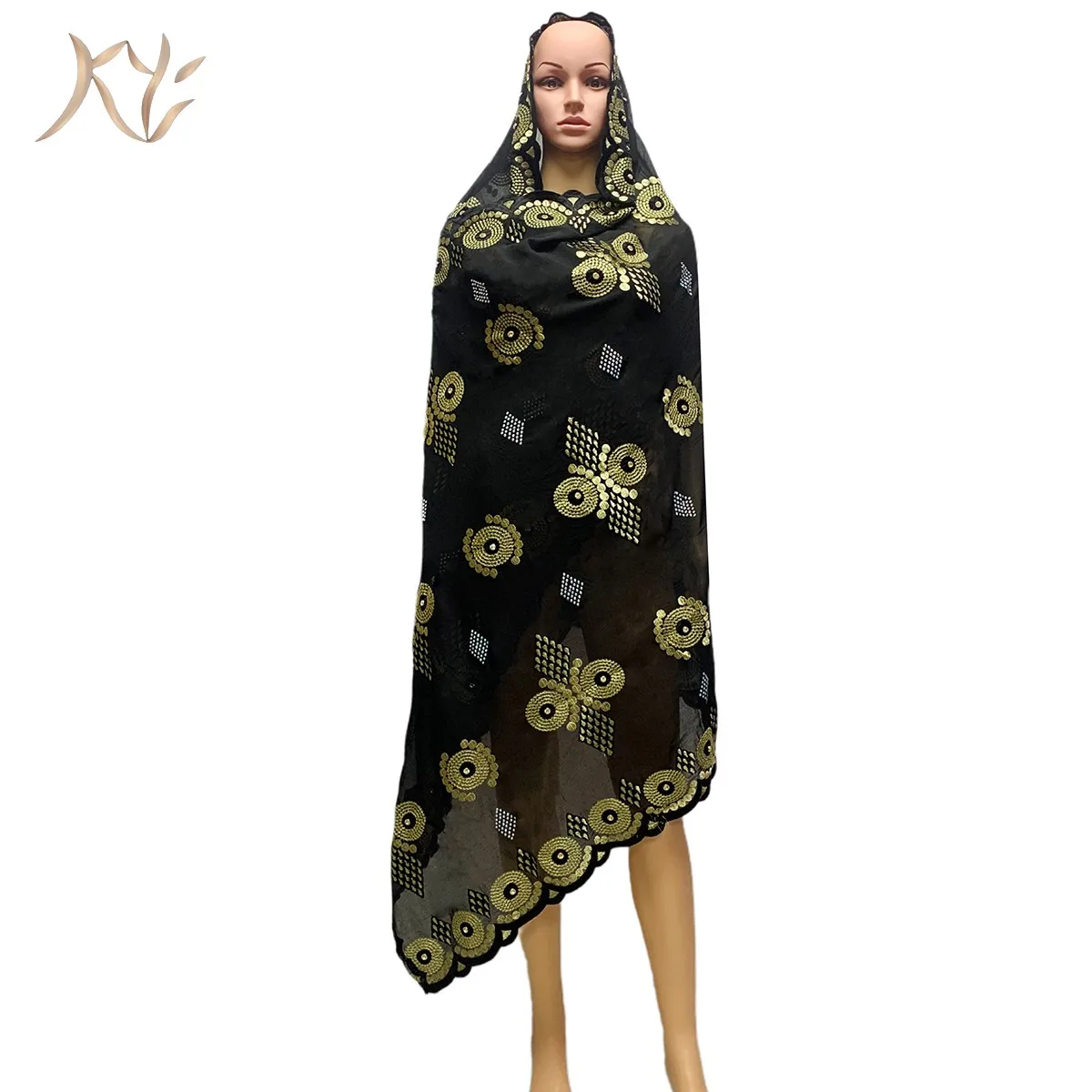 

Sales Volume High Quality African Muslim Women Scarf Cotton Cut Out Embroidered Headscarf Large Size Embroidered Shawl For Pray