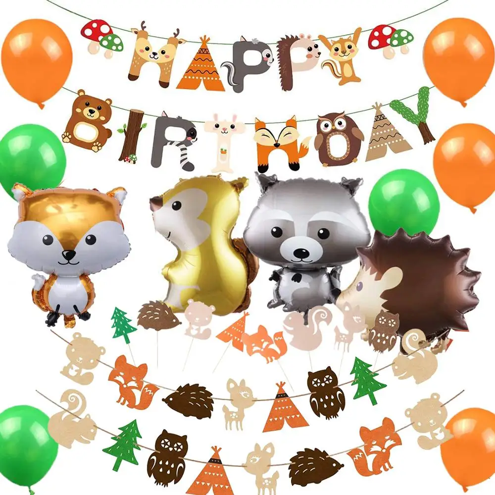 

Woodland Party Decorations Woodland Creatures Happy Birthday Banner Cake Toppers Animal Foil Balloons for Birthday Baby Shower