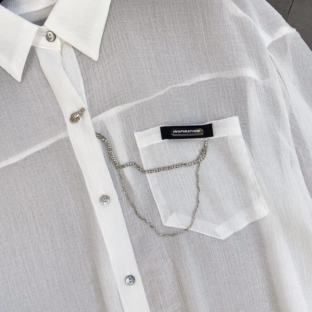 

ZCSMLL Summer lapel long-sleeved label pocket chain ultra-thin cool and handsome street anti-sati shirt tide 2021 fashion