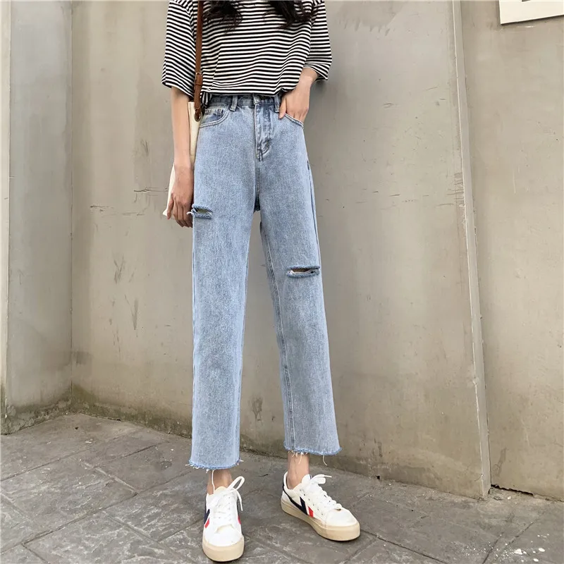 

Blue with Holes Jeans Women's Design 2021 New Summer Hong Kong Style High Waist Straight Pants Loose Cropped Pants