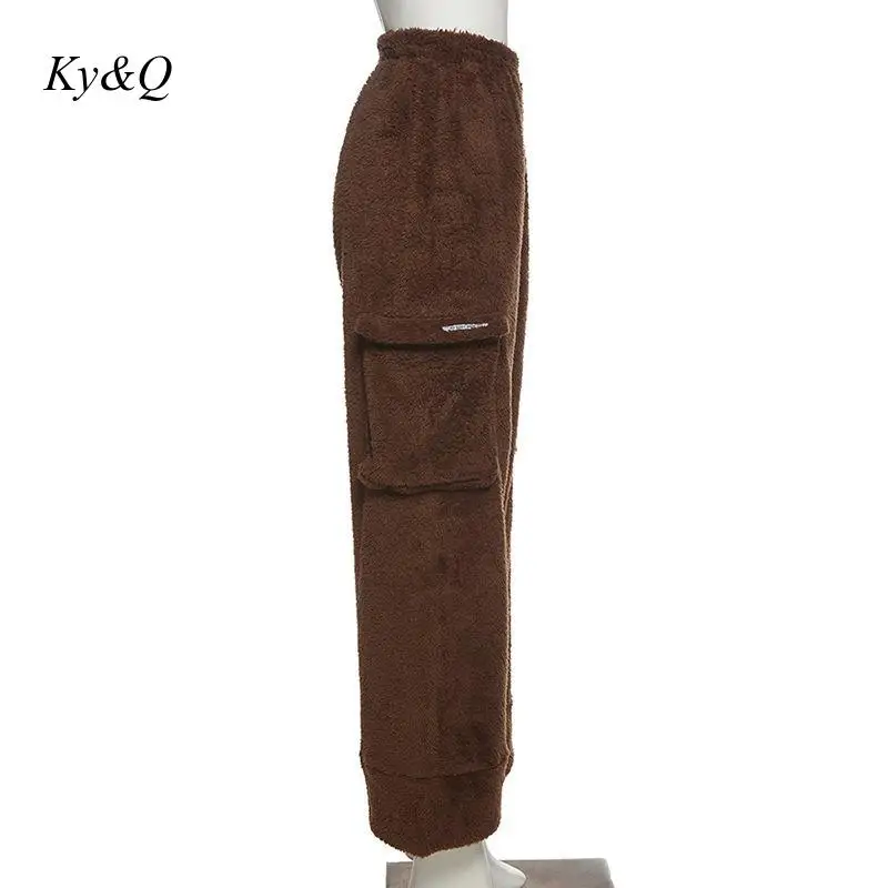 

Lazy Faux Fleece Fur Autumn Winter Teddy Jogger Pants Women Fluffy Warm Pockets Casual Solid Lamb Wool High Waist Sweatpant