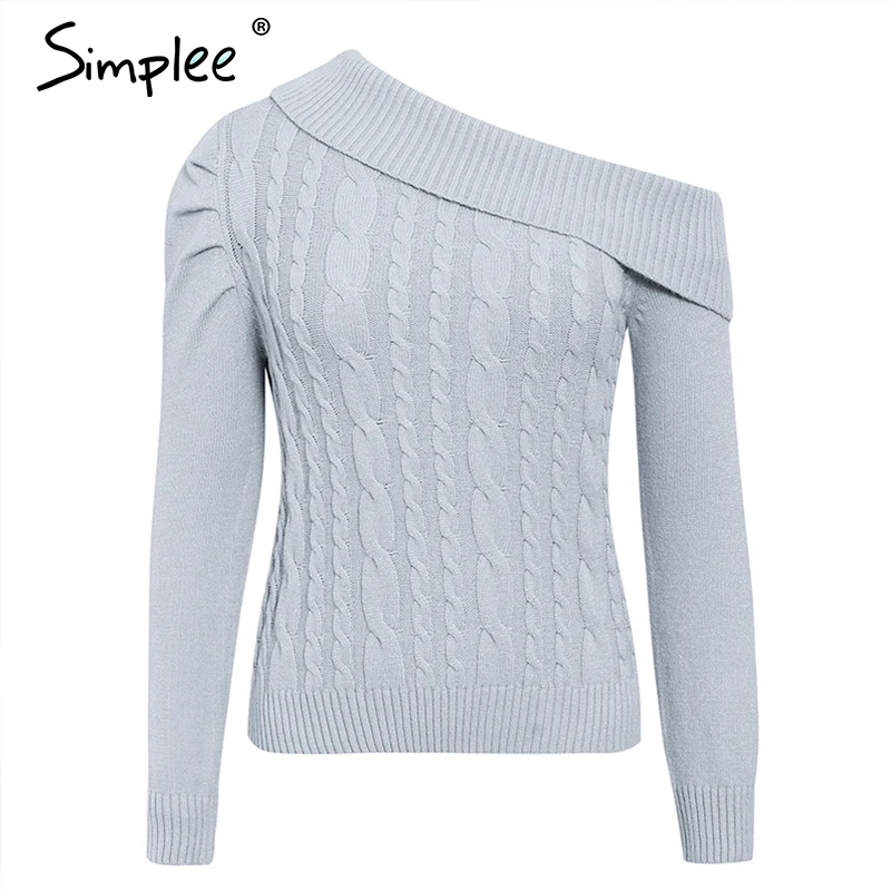 Simplee Sexy irregular knitted sweater women Asymmetrical puff shoulder pullover female jumper Ladies solid winter sweater - Цвет: Серый