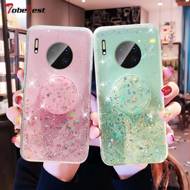 bling glitter silver foil phone holder case for huawei mate 40 30 20 10 lite pro plus 9 transparent soft silicone stand cover free global shipping