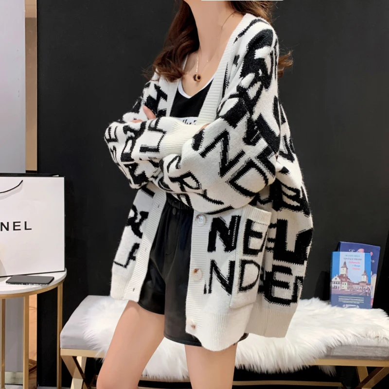 H.SA 2020 Winter Clothes for Women christmas sweater and Cardigans Black White Letters Printed Jacquard Long Knitted Jacket |