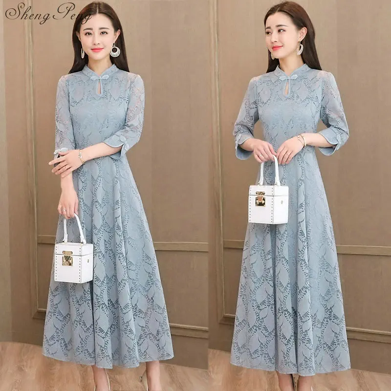 2019 летнее Современное женское короткое Кружевное китайское платье Ципао Qi Pao