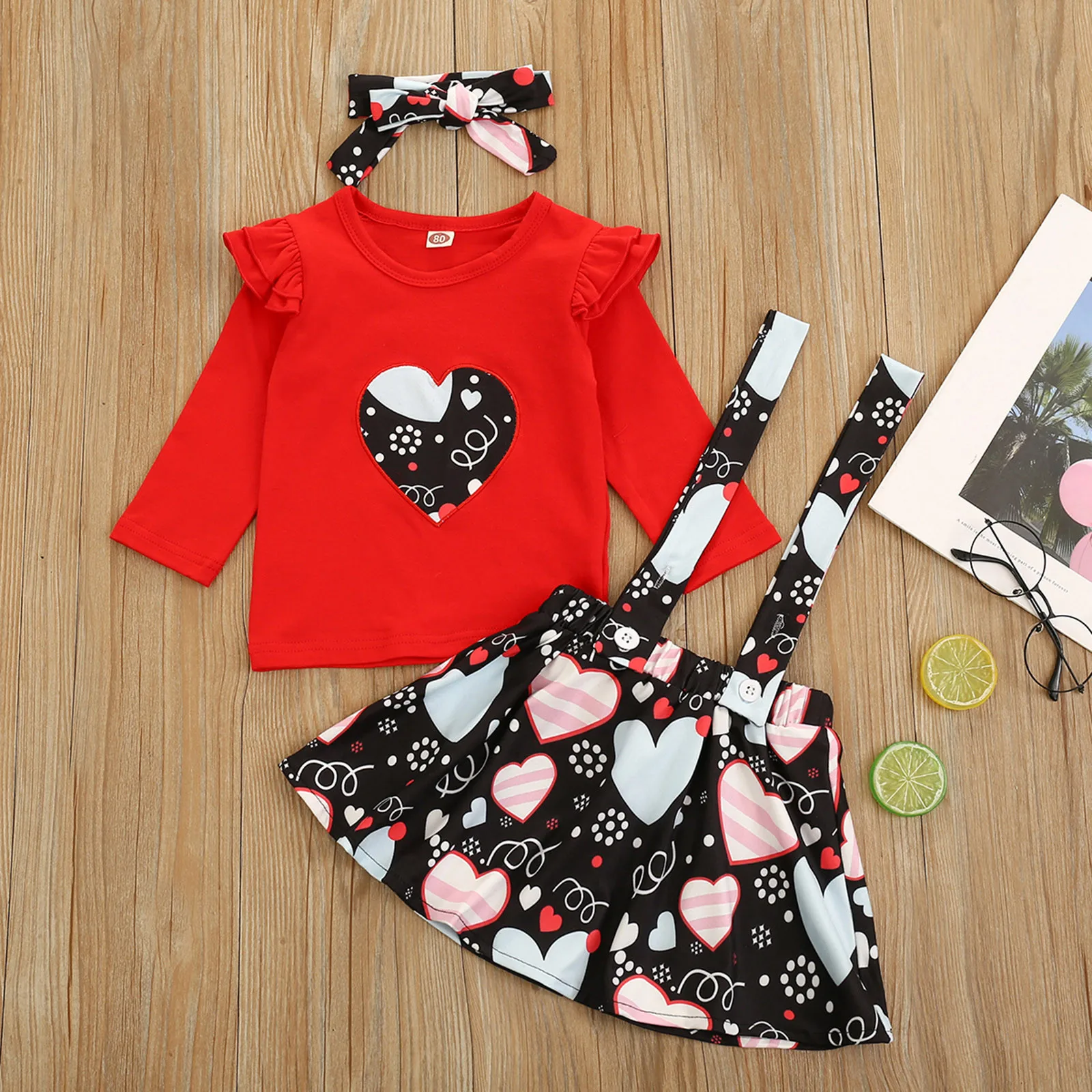 

Toddler Girl Valentine Day Clothes Set Cute Hearts Print Long Sleeve Top Suspender Skirts Children Clothing For Baby Girl