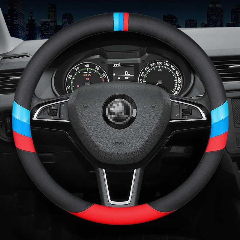 

New For Skoda Fashion Sports 3-Lines Leather Car Steering Wheel Cover For Rapid Octavia GT VRS Spaceback Superb Yeti Fabia