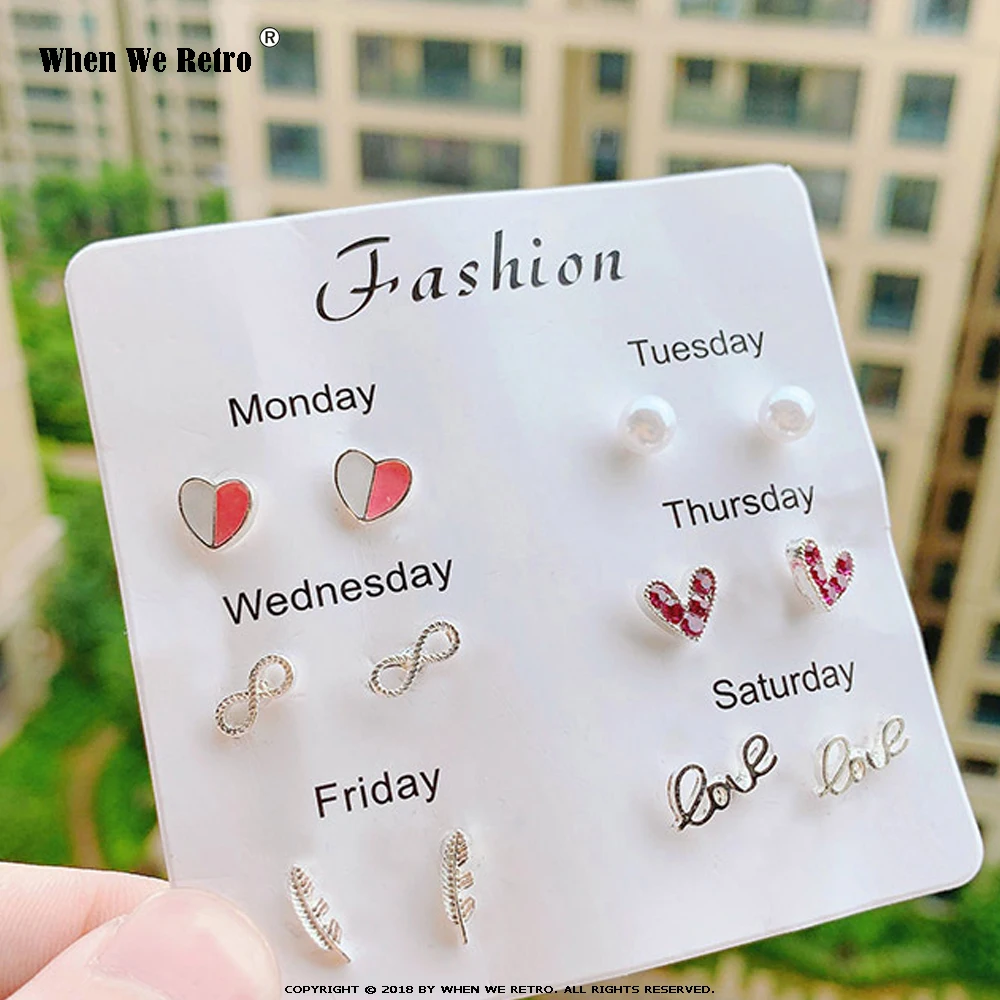 When We Retro 2019 Vintage Mixed Styles Flower Heart Geometric Stud Earrings Set For Women Girls Jewelry QY0619 | Украшения и
