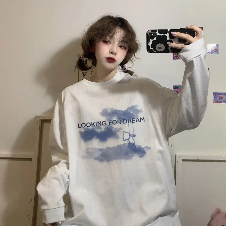 

2021 Autumn New Korean Letter Printing Loose White Gown Thin Student Top
