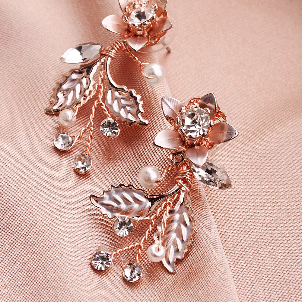 Модные серьги капли из розового золота со стразами с цветочным узором и листьями