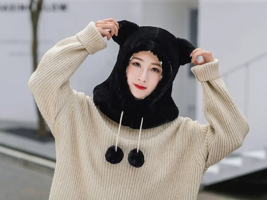 PLOERMIN новые милые Мультяшные уши Skullies Beanies кроличий мех вязаные шапки зимние толстые теплые мягкие Твердые крышки Зимние женские шапки