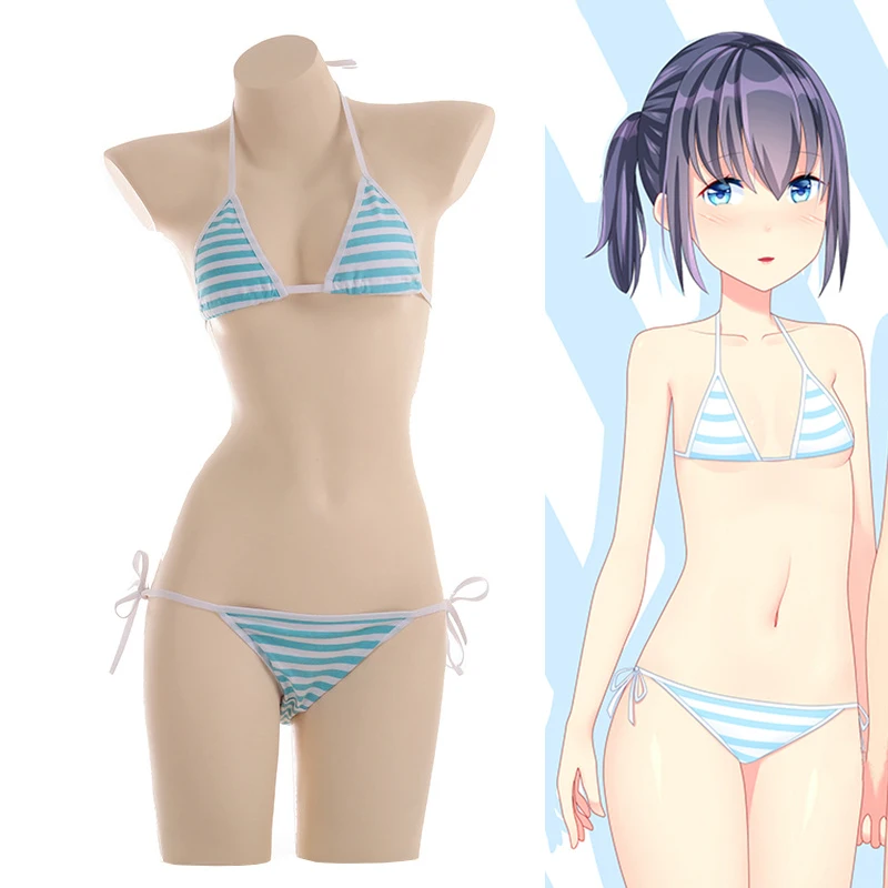 Anime Miku Kawaii Mini Bikini Cosplay Blue White Striped Micro Bikini Swimming Suit for Women Tie Side Swimsuit Set