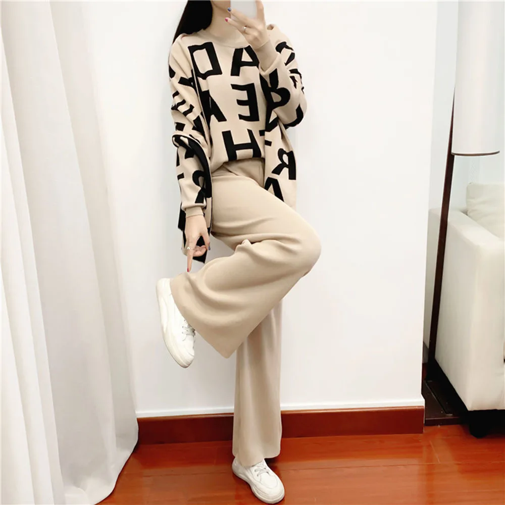 

Fall Women 2 Piece Sets Womens Korean Fashion Printing Pullover Sweater Scarf Wide Leg Pants Knitted Suit Female Three-piece Set