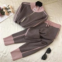 2 piece set womens autumn and winter new fashion zipper stand collar knit top pants casual tracksuit outfits jacket street 2021
