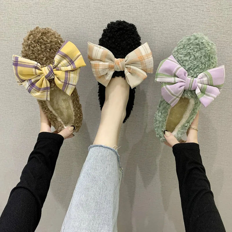 Fashion The New Fur Shoes Winter Casual Slip-On Round Toe Butterfly-knot Plush Keep Warm Comfortable Breathable Flat Plus velvet