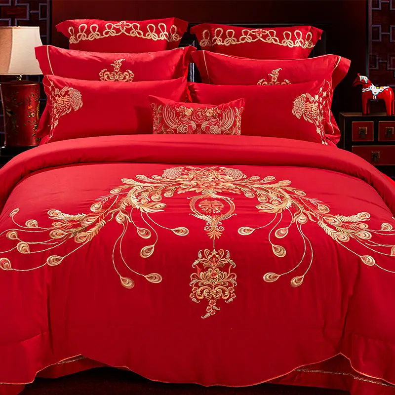 

Комплект постельного белья в свадебном стиле с вышивкой, пододеяльником и длинными степлками, хлопковые наволочки, постельное белье большо...