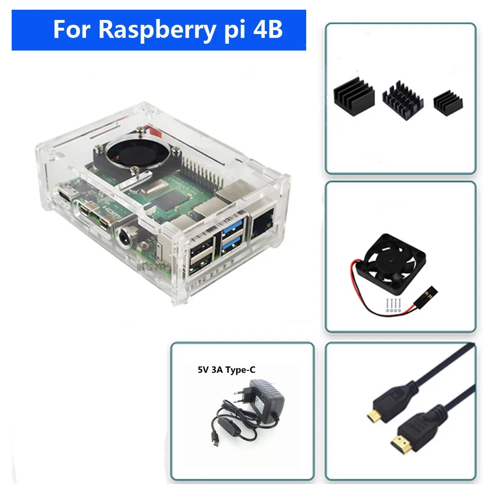 Raspberry PI 4 Модель B акриловый чехол с охлаждающим вентилятором+ 32 ГБ sd-карта+ 5 В 3A мощность+ радиатор+ HDMI для Raspberry pi 4B