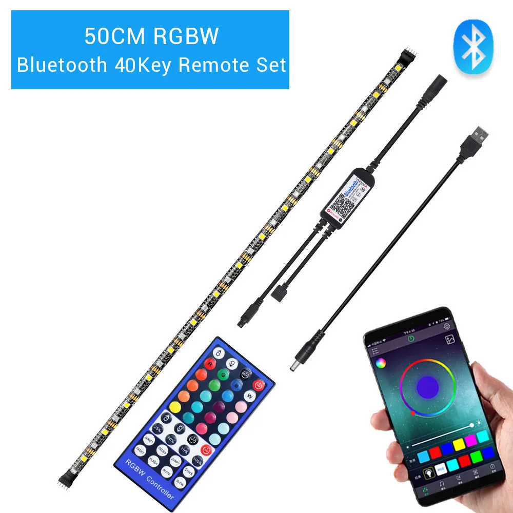 50CM RGBW 40Key Светодиодная лента RGB 5050 с питанием от USB, 20Key, светодиодный музыкальный контроллер RGBW, Bluetooth, 40Key, светодиодная Диодная лента для телевизора, компьютера, подсветка - Испускаемый цвет: 50CM RGBW 40Key