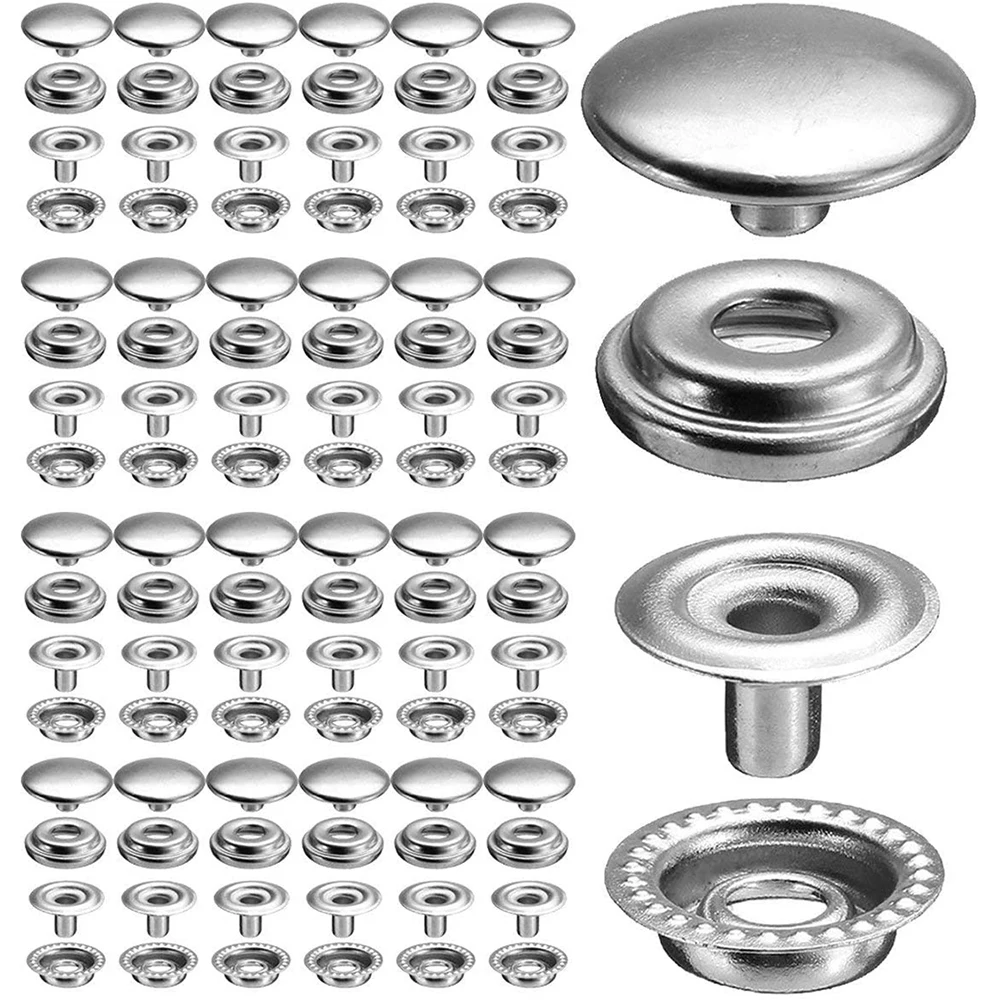 

100pcs 15mm Stainless Steel Tapping Snap Fastener Kit Tent Marine Yacht Boat Canvas Cover Tools Sockets Buttons Silver Buttons