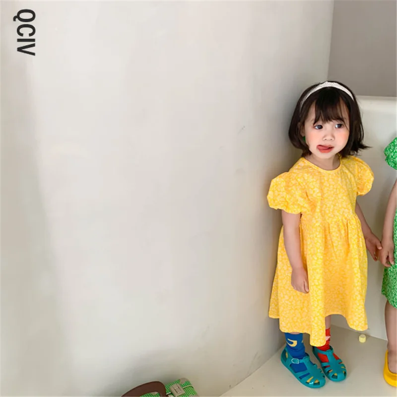 

Summer baby girls floral short sleeve dress hollow back bow cotton casual loose kids little princess dresses