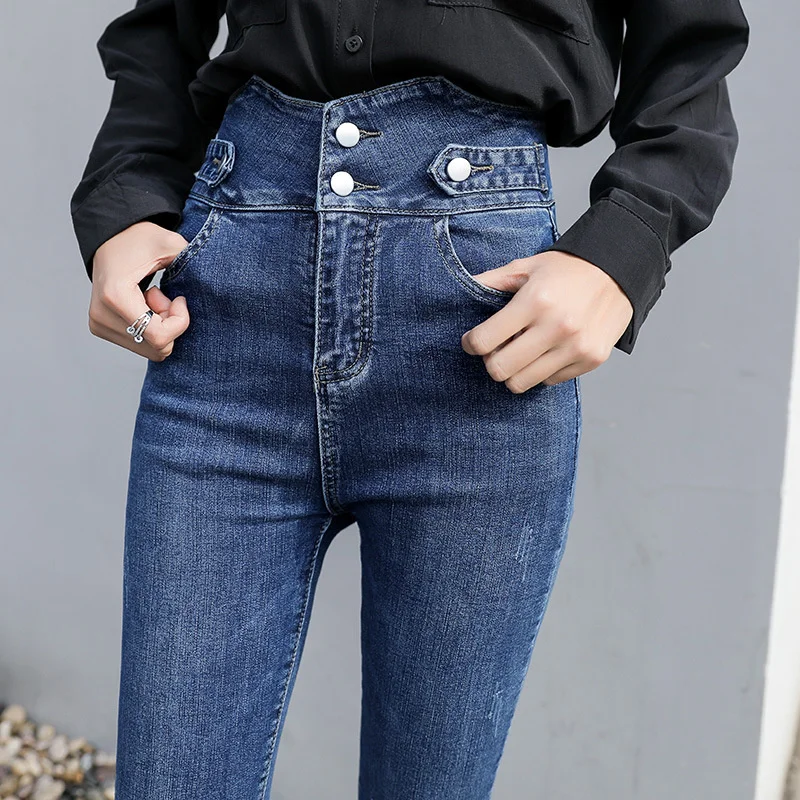 

Женские джинсы Lemuke с двумя пуговицами и высокой талией на весну и осень 2020, эластичный живот, тонкие, Zhongshan