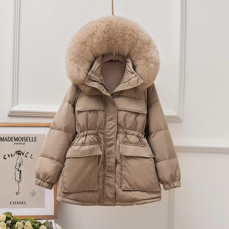 

Fad Winter Real Natural Fur Hooded Jacket Women Thick White Duck Down Coat Casual Warm Snow Outwear Adjustable Waist