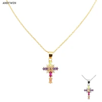 andywen 925 sterling silver gold rainbow cz ovals cross pendant long chain necklace 2021 fine jewelry crystal luxury accessorie