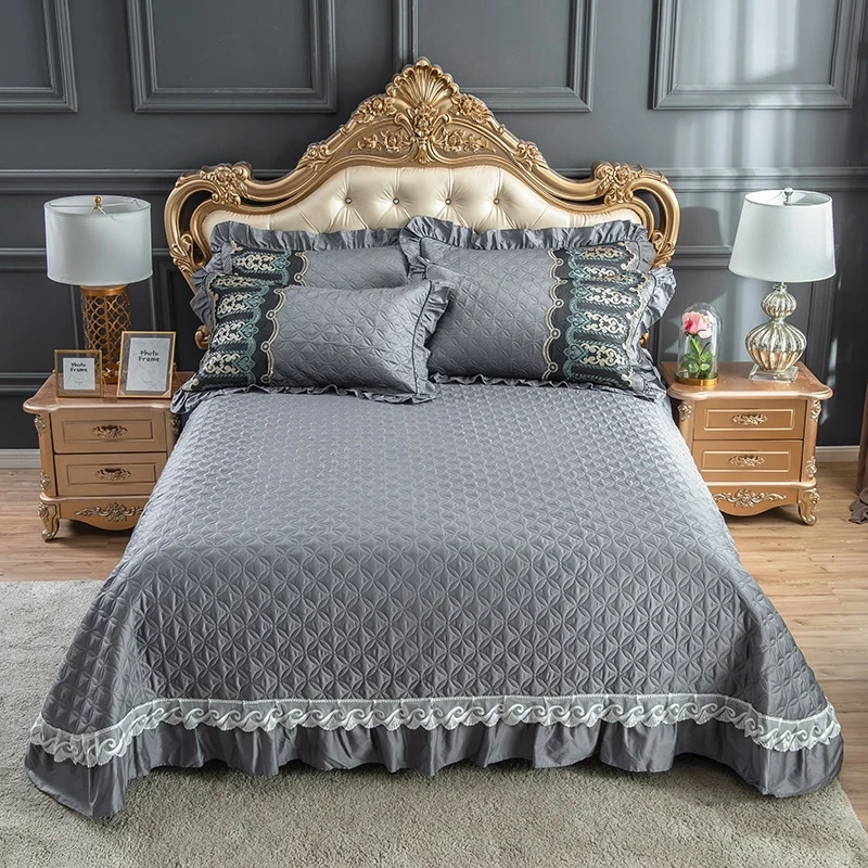 

New products 60 thread count cotton quilting Bed cover Pillowcases 2/3 pcs Pure color Princess Pleated embroidery lace Bedding
