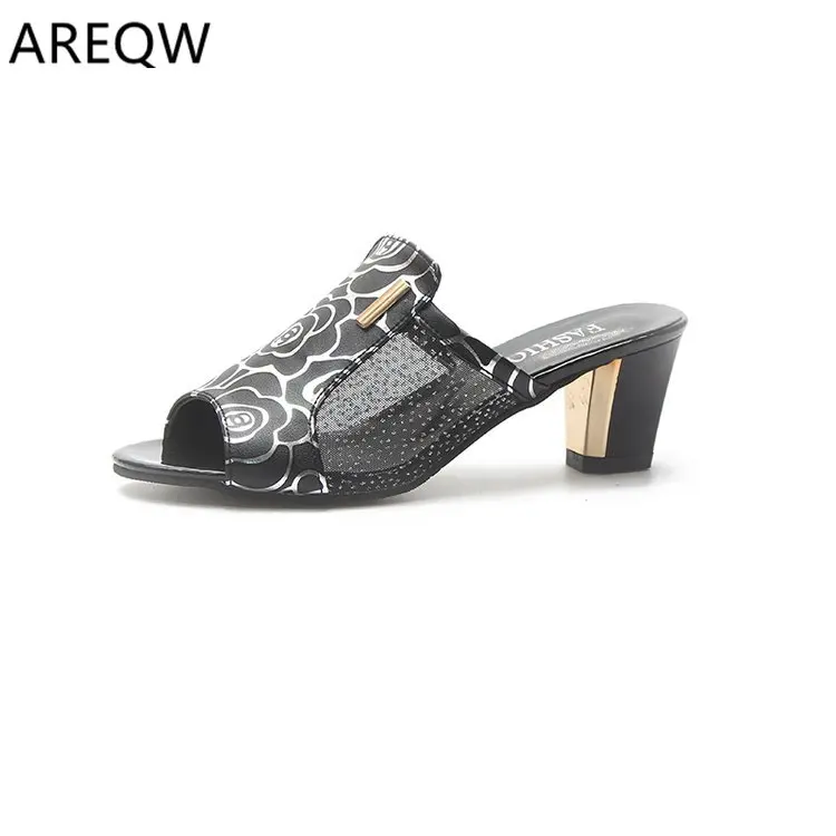 

2020 Slippers Women Sandals Summer Shoes Women Slip-On Square High Heels Pumps Sandals Bling Shoes